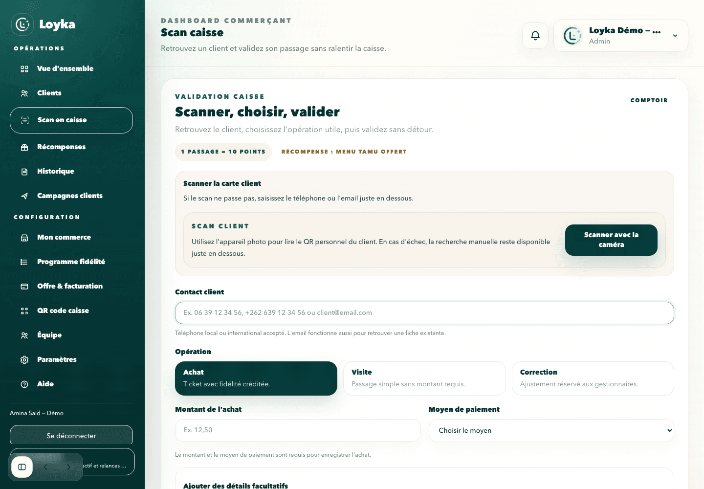 Interface réelle Loyka de validation d’un passage en caisse, avec données de démonstration
